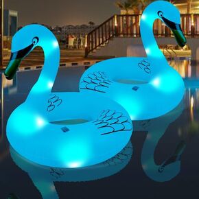 2 Pack Inflatable Swan Pool Float Adult Glow in The Dark Swan Pool Tubes Large Blue Swan Floaties Swimming Pool Rings with Colorful Lights for Adult Kids Summer Themed Water Fun Party Supplies