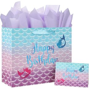 Mermaid Happy Birthday Gift Bag with Tissue Paper, Greeting Card and Handle for Kids, Girls Birthday Party Celebration