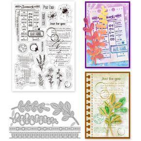 GLOBLELAND 2Pcs Newspaper Background and Plants Clear Stamps and Cutting Dies Silicone Clear Stamps Cards and Metal Die Cuts for Card Making and DIY Embossing Scrapbooking