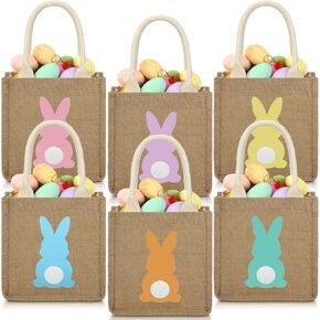 6 Pcs Easter Burlap Bags Easter Bunny Gifts Bag with Handle Easter Jute Basket Goody Bags 7.9 x 7.9 x 4.3 Inch