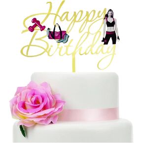Happy Birthday Cake Topper, Mirrored Gold Acrylic Fitness Birthday Cake Topper, Keepsake for Your Wife or Daughter and Friends' Birthday (Fitness Girl)