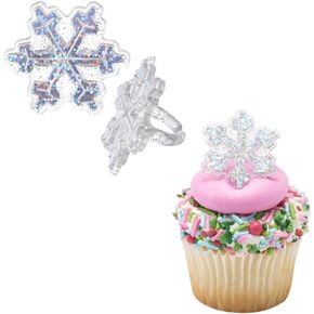 Holographic Glitter Snowflake Cupcake Rings - Set of 24
