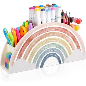 Sherr Boho Rainbow Pencil Holder Wooden Pen Holder with Inspirational Quotes for Christmas Stocking Stuffers, 5 Compartments Watercolor Pen Holder for Kids Teachers Holiday Gifts