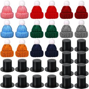 Chalyna 32 Pieces Winter Christmas Mini Doll Snowman Hats for Crafts 16 Small Knitting Santa Hats and 16 Black Plastic Miniature Top Caps for Xmas Ornaments DIY Art and Craft Decoration