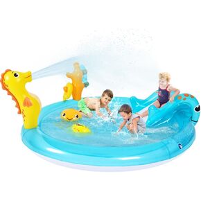 Inflatable Sea Animal Play Center, Inflatable Kids Swimming Pool with Water Slide, Water Sprayer, Sea Spray Kiddie Pool for Kids Children Summer Outdoor Splash, Backyard Garden Water Park