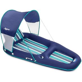 Aqua Ultimate Pool Float Lounger with UPF 50 Canopy and Cupholder – Heavy Duty, Inflatable Pool Lounge for Adults – Navy/Aqua/White Stripe
