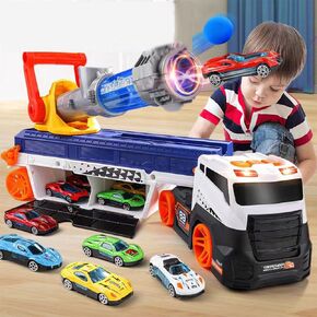 لعبة لعبة Truck Boys Toys لمدة 3-14 عامًا من العمر 26 بوصة سباق كبير مع 4 سيارات سبيكة 6 Eva Cannonballs 2 في 1 CATAPULT CAREPULL CAR CAR STORAGE CAR GARAGE DIY COMBEL