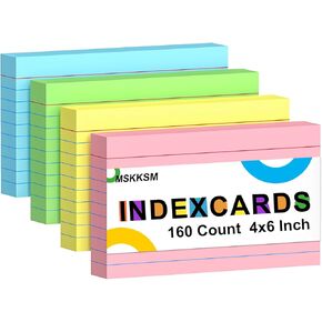 Colored Index Cards 4x6 Inch - 160 Pack, Heavy Ruled Index Flash Cards for Studying, Lined Index Note Cards 4" x 6" with Colorful, Neon Colored Flashcards Notecards 4x6 for Office & Teaching Supplies