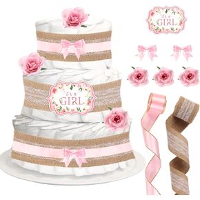 Baby Shower Diaper Cake Decorations Pink, Birthday Party Diaper Cake Supplies, Include Ribbon, Bow Tie, Cake Cards, Artificial Flowers(Diaper Not Included)