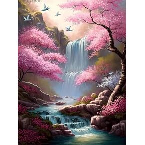GOLDyyFROG 5D Cherry Blossom Waterfall Diamond Painting Kits Forest Landscape Diamond Painting, Full Round Diamond Art Kits for Adults, for Wall Decor Theater Decor Gifts 12x16 inch