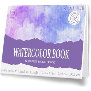 KIWIHUB Watercolor Paper Pad, 9 x 12 in, 100% Cotton, 140lb Medium Rough Artist Painting Drawing Paper Book, Art Supplies for Adults Kids, Watercolors