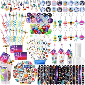 SYHOBORE 291 PCS Space Party Party Favors with Cup Cup Tattoos Slap Slap Bracelet Straw Straw Pendants Stamp Stamp keychains ball ball شكرًا لك بطاقات على لوازم عيد ميلاد جالاكسي للأطفال