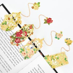 Aromoty 4 Pieces Floral Metal Bookmarks with Pendant, Unique Cute Flower Butterfly Themd Aesthetic Hollow Book Markers, Christmas Gifts for Women Reading Girls Teacher Readers Book Lover Accessories