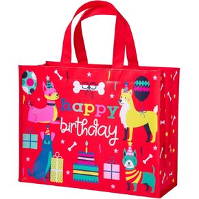 WRAPAHOLIC Large Reusable Birthday Gift Bag with Handles - 10 x 5 x 13 inch - Adorable Corgi Dog Happy Birthday