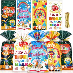 HOWAF 100PCS Teacher Appreciation Week Cellophane Gift Bag, Thank You Teachers and Staff We Appreciate You Plastic Goodie Bags, Teachers Appreciation Treat Bags with Twist Ties for Teachers Day Party