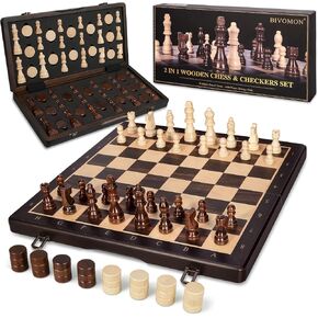 2 in 1 Wooden Magnetic Chess Set & Checkers Board Game-15'' Foldable Chess Board for Adults & Kids-Portable Travel Chess Set with Pieces Storage Slots-2 Extra Queens-Beginner Chess Board Game