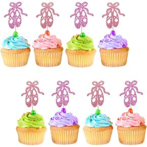 24pcs قبعات الباليه الكب كيك ، وأحذية الباليه كب كيك القبعات ، وديكور كعكة الباليه اللمعان