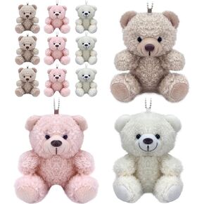 12 Pieces Mini Teddy Bear Bulk,4 inch Small Stuffed Animal Toy, Soft Plush Mini Teddy Bears for DIY Keychain Baby Shower Party Favors Graduation Keychain Bag Charm Supplies (Pink+Brown+White)