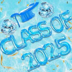 Sumind 15 Pcs Class of 2025 Grad Pool Float Inflatable Letter Float Glitter Grad Party Decor Graduation Decoration Set with Beach Ball Graduation Hat for Pool Beach