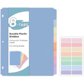 SKYDUE Durable Plastic 8-Tab Dividers, Big Tab Dividers for 3 Ring Binder, Write&Erase 3 Ring Binder Dividers with Tabs,with Sticker Labels, 1 Set, Pastel Color