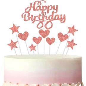 Glitter Happy Birthday Cake Toppers for Women - Rose Gold Birthday Decorations Set with Stars and Hearts Cake Decoration, Party Supplies