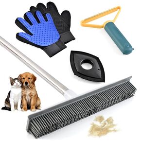 Carpet Rake for Pet Hair Removal, Reusable Dog Cat Hair Remover Soft Silicone Bristle Carpet Broom with 48" Adjustable Long Handle, Non Scratch Carpet Sweeper Brush for Cat/Dog Hair Hardwood Tile