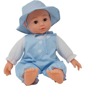 16 inch Realistic Baby Doll with Plush Body, Soft Vinyl Head & Extremities, Gingham Print Summer Outfit Bonnet Hat, Blinking Open & Close Eyes – Boxed 16" Kid’s Doll Gift for Toddler Girl, Boy (Blue)