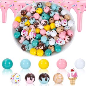 Whaline 100Pcs Ice Cream Wood Beads Colorful Summer Round Ice Cream Shape Craft Beads with Holes Ice Cream Cone Decorative Wooden Beads for Birthday Jewelry Making DIY Home Party Decor, 10 Styles