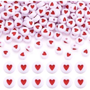 Pandahall 200pcs White Acrylic Red Heart Beads Flat Round Love Heart Disc Coin Pony Beads for DIY Word Message Initial Bracelet Spacer Charms Jewelry Makings 7x7x3.5mm