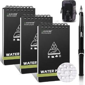 Waterproof Notebook set of 5，3 x 5 Stone Paper Pocket Notepads，Portable All Weather Notebooks for Indoor & Field Police Notepad w/3pcs Small Spiral Note book, Pen & Storage Bag (5pcs, Black)