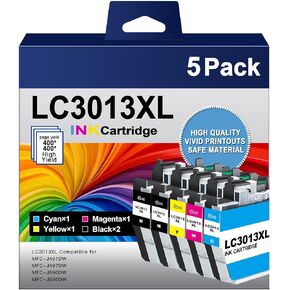 LC30135PKS 5-Pack High Yield Color Ink Cartridges, Page Yield Up to 400 Pages/Cartridge,Includes Black Cyan Magenta and Yellow LC3013 Replacement for Brother LC3013 3011 Work for MFC-J491DW MFC-J497DW