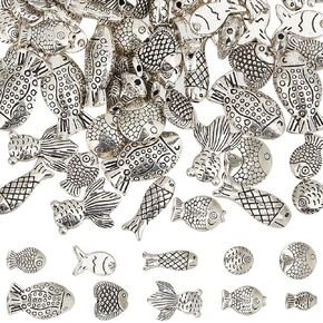 SUNNYCLUE 100Pcs Fish Beads Bulk Fishes Spacer Beads Tibetan Antique Silver Alloy Ocean Animal Loose European Vintage Bead for DIY Earring Necklace Bracelet Jewelry Making Findings Accessories