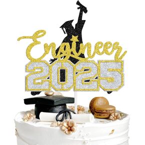Congrats Engineer 2025 Cake Topper, Future Engineer/Congrat Grad, Class of 2025 Graduation Party Decoration Supplies, Black and Gold Glitter