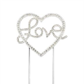 Heart Love Cake Topper Crystal Alloy Rhinestone Heart Cake Decoration for Wedding Birthday Valentine's Day Party Decoration (Silver)
