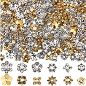 SUNNYCLUE 1 Box 360Pcs 12 Styles Spacer Beads Bulk Flower Bead Caps Findings Tibetan Silver Alloy Antique Gold Metal Filigree Flowers End Caps for Jewelry Making Supplies DIY Bracelet Necklace Earring