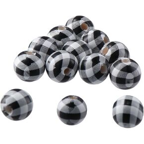 40Pcs 16mm Buffalo Plaid Wood Beads, Natural Handmade Black White Round Checked Wood Beads Print Wooden Chunky Beads for Decor