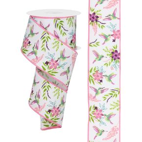 Hummingbird Wired Ribbon, White Pink Green Purple - 2.5 inch x 10 Yards