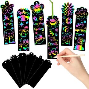 HubirdSall 60Pcs Spring Flowers Scratch Bookmarks for Kids Springtime Magic Art Color Craft Kit for School Classroom DIY Craft Activity Art Project Party Favor Hanging Gift Tag
