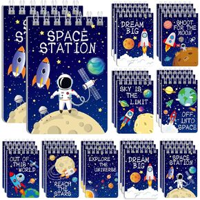 Outer Space Mini Notebook 32 Pack Space Party Favor Galaxy Goodie Bags Solar System Astronaut Science Rocket Planet Small Spiral Pocket Notepads for Space Theme Birthday Party Supplies
