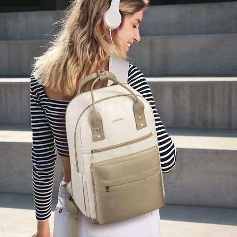 YAMTION Laptop Backpack for Women Bookbag School Backpack with Charger,Aesthetic Computer Backpacks for High School Teen Girls Office College Students Nursing Work,Mochila Mujer,Beige in Saudi Arabia
