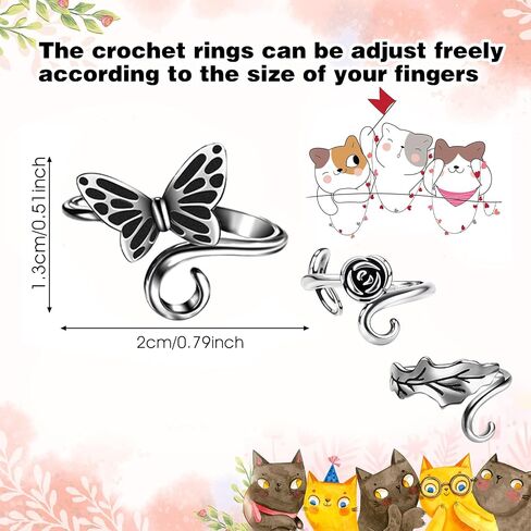 Dimeho 3 Pack Adjustable Knitting Rings Crochet Yarn Guide Holder Cute Cat Finger Loop Wide Open Weaving Hook Braided Thimble Knit Accessories for DIY Craft Sweater Handicrafts (Silver, Black) in Kuwait