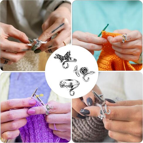 Dimeho 3 Pack Adjustable Knitting Rings Crochet Yarn Guide Holder Cute Cat Finger Loop Wide Open Weaving Hook Braided Thimble Knit Accessories for DIY Craft Sweater Handicrafts (Silver, Black) in Kuwait