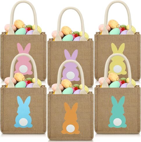 6 Pcs Easter Burlap Bags Easter Bunny Gifts Bag with Handle Easter Jute Basket Goody Bags 7.9 x 7.9 x 4.3 Inch in Kuwait