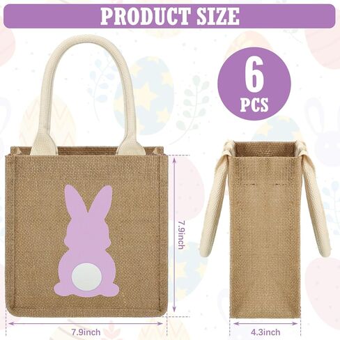6 Pcs Easter Burlap Bags Easter Bunny Gifts Bag with Handle Easter Jute Basket Goody Bags 7.9 x 7.9 x 4.3 Inch in Kuwait