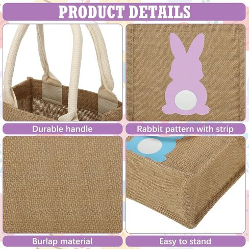 6 Pcs Easter Burlap Bags Easter Bunny Gifts Bag with Handle Easter Jute Basket Goody Bags 7.9 x 7.9 x 4.3 Inch in Kuwait