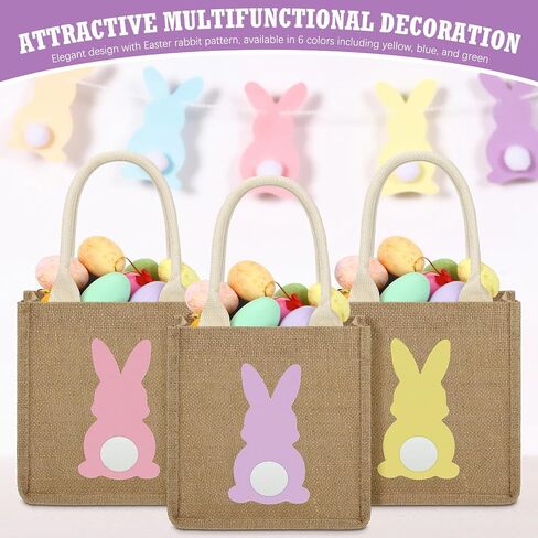 6 Pcs Easter Burlap Bags Easter Bunny Gifts Bag with Handle Easter Jute Basket Goody Bags 7.9 x 7.9 x 4.3 Inch in Kuwait