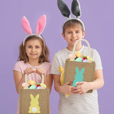 6 Pcs Easter Burlap Bags Easter Bunny Gifts Bag with Handle Easter Jute Basket Goody Bags 7.9 x 7.9 x 4.3 Inch in Kuwait