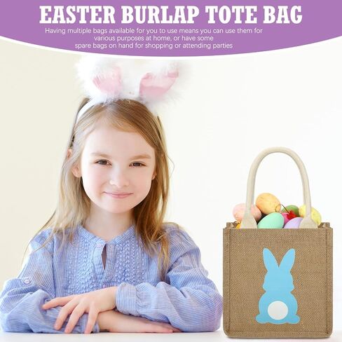 6 Pcs Easter Burlap Bags Easter Bunny Gifts Bag with Handle Easter Jute Basket Goody Bags 7.9 x 7.9 x 4.3 Inch in Kuwait