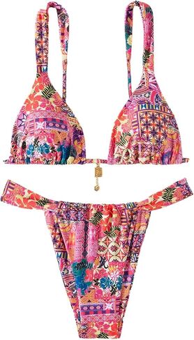 MakeMeChic Women's Two Piece Bathing Suit Floral Triangle Swimsuit High Cut Tie Side Bikini Sets in Kuwait