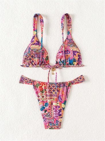 MakeMeChic Women's Two Piece Bathing Suit Floral Triangle Swimsuit High Cut Tie Side Bikini Sets in Kuwait